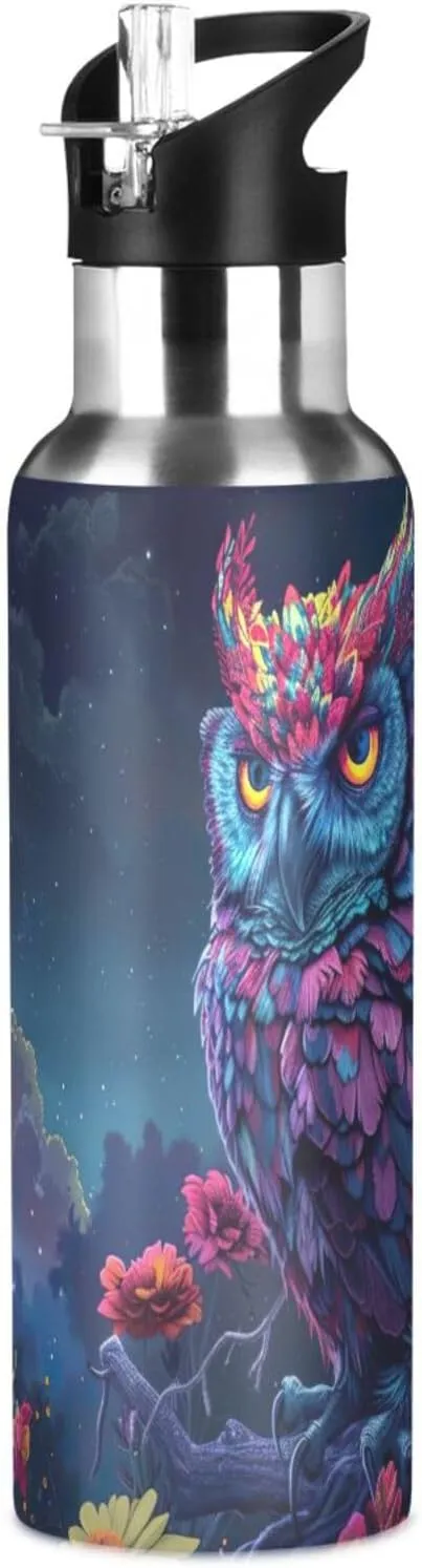 Kigai Owl Flower Insulated Water Bottle with Straw Lid BPA-Free 20 oz Double Wall Vacuum Stainless Steel Leakproof Sports Water Bottle for Travel Fitness Gym