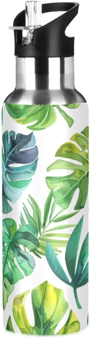 Kigai Palm Leaves Insulated Water Bottle with Straw Lid BPA-Free 20 oz Double Wall Vacuum Stainless Steel Leakproof Sports Water Bottle for Travel Fitness Gym