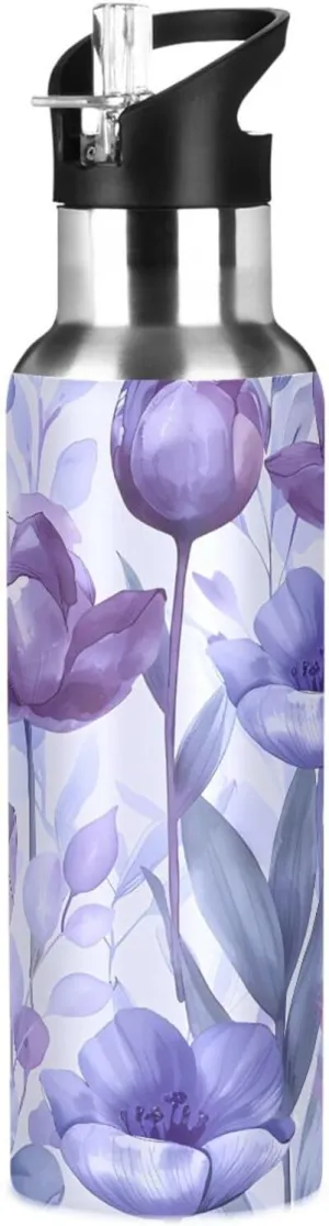 Kigai Purple Flowers Insulated Water Bottle with Straw Lid BPA-Free 20 oz Double Wall Vacuum Stainless Steel Leakproof Sports Water Bottle for Travel Fitness Gym