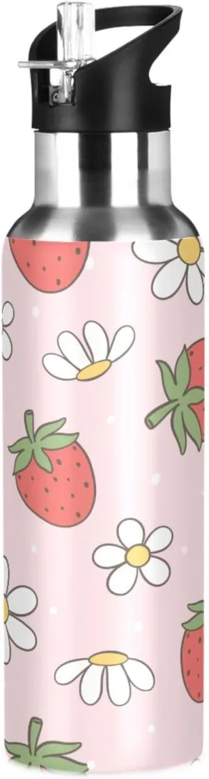 Kigai Strawberry Daisy Insulated Water Bottle with Straw Lid BPA-Free 20 oz Double Wall Vacuum Stainless Steel Leakproof Sports Water Bottle for Travel Fitness Gym