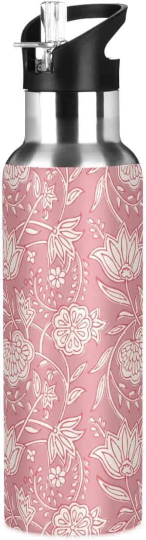 Kigai Vintage Flower Insulated Water Bottle with Straw Lid BPA-Free 20 oz Double Wall Vacuum Stainless Steel Leakproof Sports Water Bottle for Travel Fitness Gym