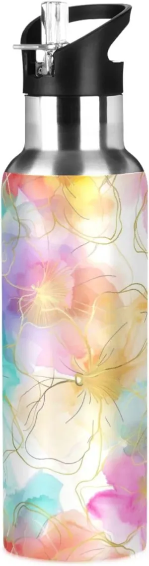 Kigai Watercolor Flower Insulated Water Bottle with Straw Lid BPA-Free 20 oz Double Wall Vacuum Stainless Steel Leakproof Sports Water Bottle for Travel Fitness Gym