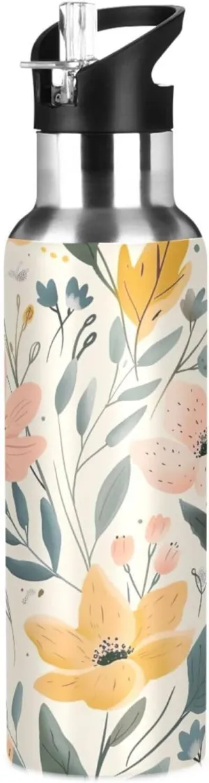 Kigai Watercolor Flowers Insulated Water Bottle with Straw Lid BPA-Free 20 oz Double Wall Vacuum Stainless Steel Leakproof Sports Water Bottle for Travel Fitness Gym