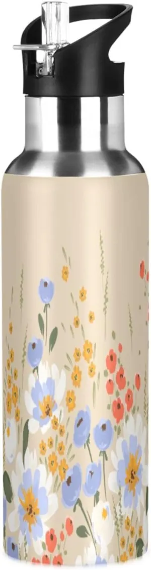 Kigai Watercolor Flowers Insulated Water Bottle with Straw Lid BPA-Free 20 oz Double Wall Vacuum Stainless Steel Leakproof Sports Water Bottle for Travel Fitness Gym