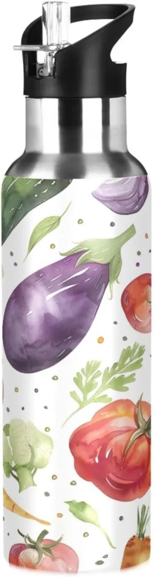 Kigai Watercolor Vegetables Insulated Water Bottle with Straw Lid BPA-Free 20 oz Double Wall Vacuum Stainless Steel Leakproof Sports Water Bottle for Travel Fitness Gym