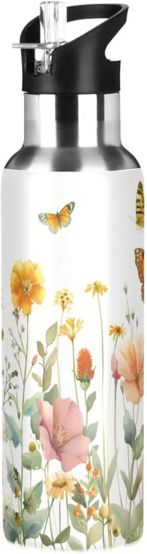 Kigai Watercolor Wild Flowers Insulated Water Bottle with Straw Lid BPA-Free 20 oz Double Wall Vacuum Stainless Steel Leakproof Sports Water Bottle for Travel Fitness Gym