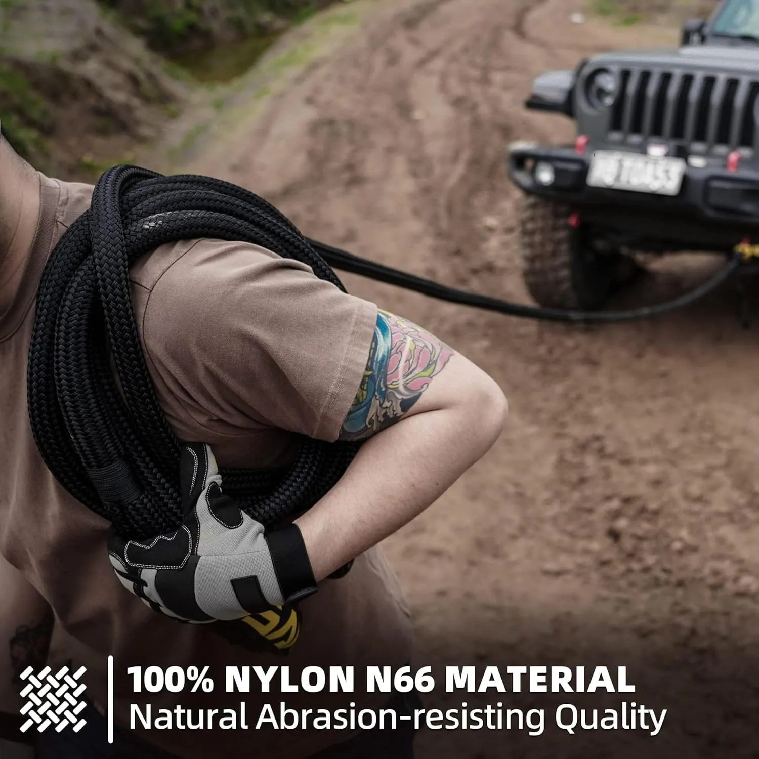 Kinetic Recovery Rope (48000Lbs 1in x 30ft)   2PCS Synthetic Soft Shackle, Extreme Duty 30% Elasticity Energy Snatch Strap for 4x4 Offroad Vehicle