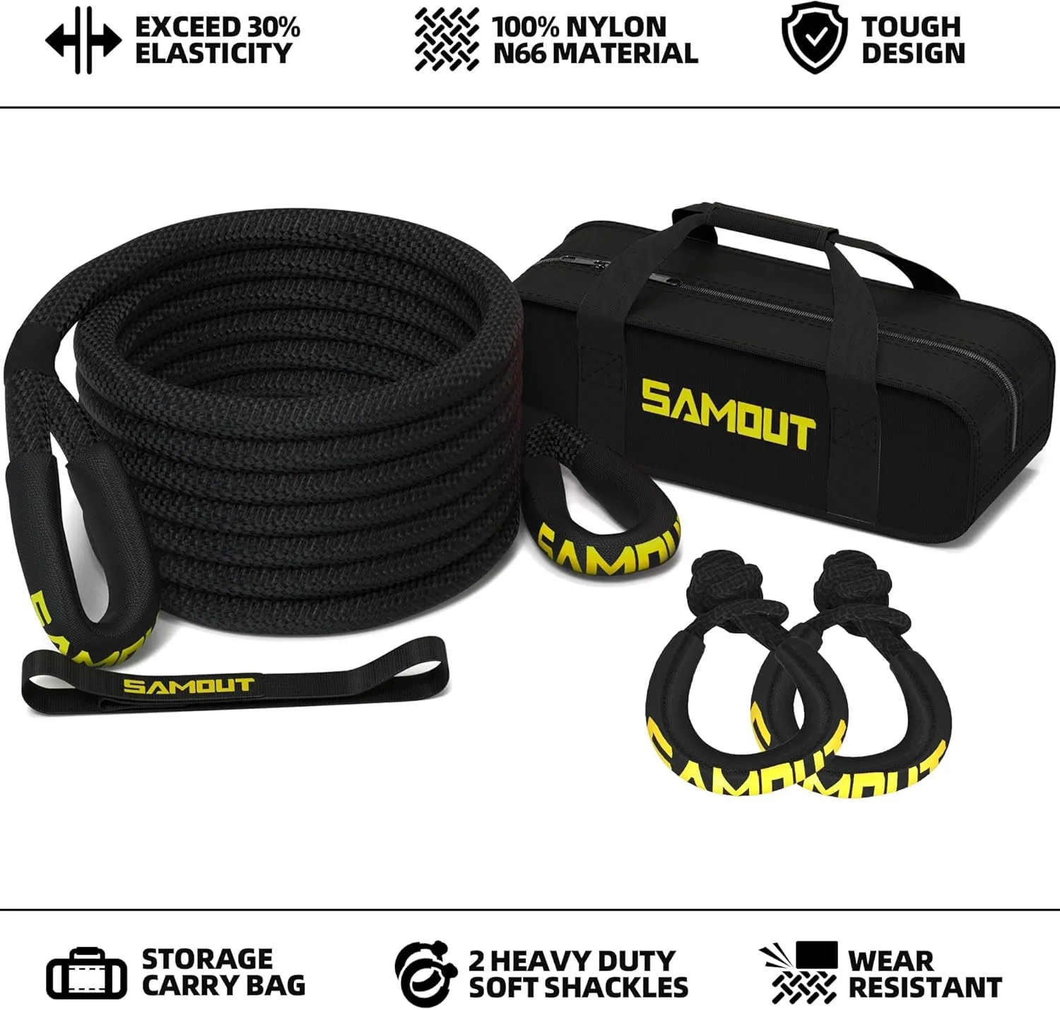 Kinetic Recovery Rope (48000Lbs 1in x 30ft)   2PCS Synthetic Soft Shackle, Extreme Duty 30% Elasticity Energy Snatch Strap for 4x4 Offroad Vehicle