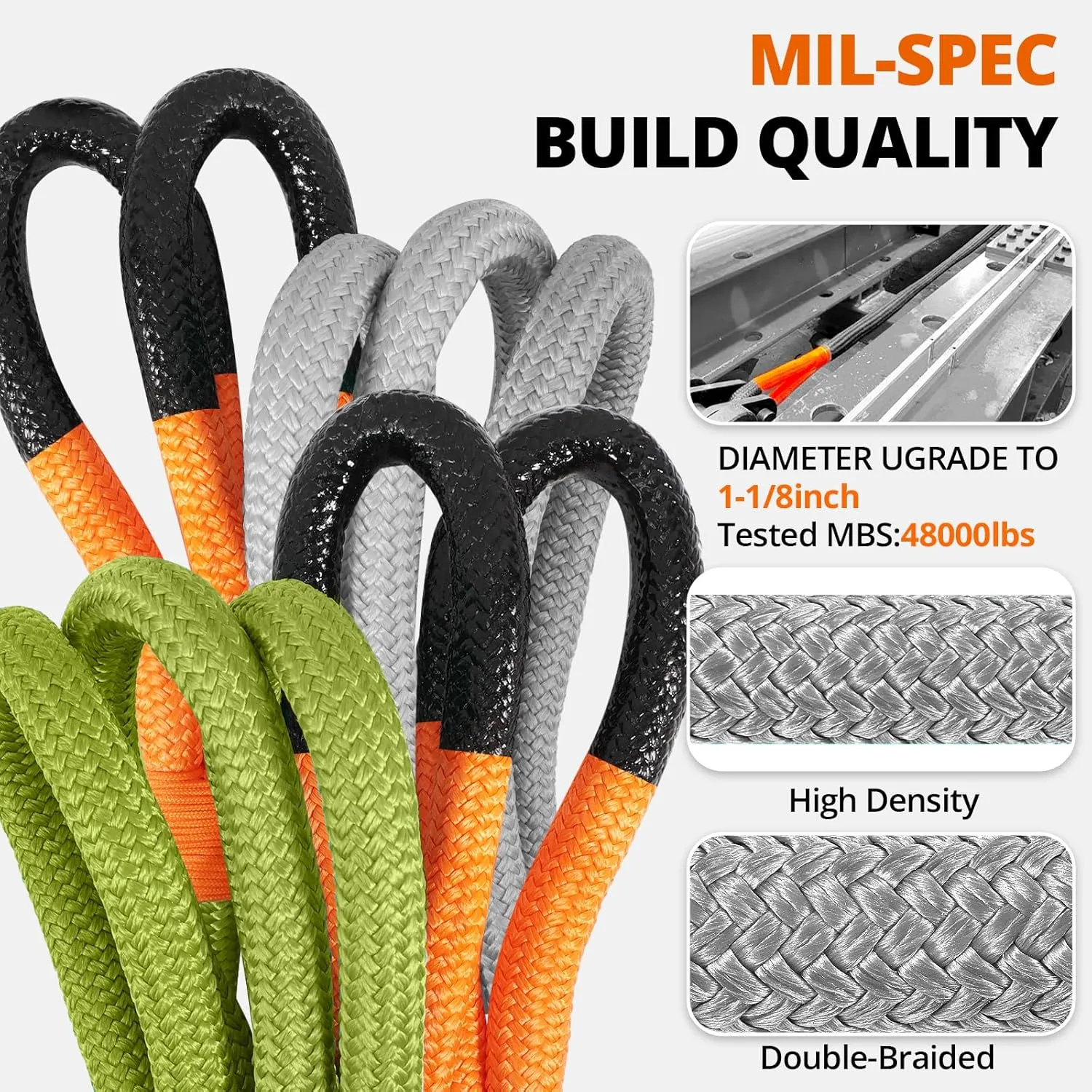 Kinetic Recovery Tow Rope: 1-1/8" x 20ft 48000LBS Snatch Strap with Soft Shackles Heavy Duty Offroad Towing Straps Kit for Trucks SUV UTV ATV Tractor Car Jeep - Gray