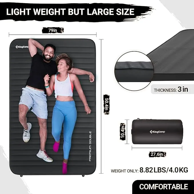 KingCamp Luxury 3D Double Self Inflating Sleeping Pad with 9.5 R Value, Camping Foam Air Mattress, Portable 3 Inch Large Thick for 2 Person, 79.1'' x 50.3'' x 3.0'', Black