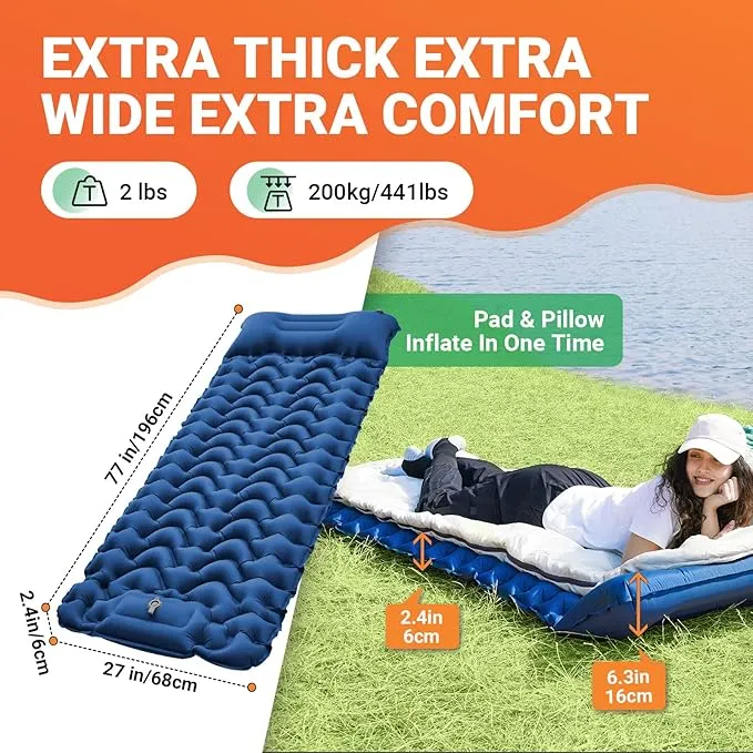 KingCamp Sleeping Pads for Camping, Self Inflating Camping Mattress with Built-in Foot Pump, Connectable Durable Inflatable Sleeping Mat with Pillow, Compact Camping Air Mattress for Camping Hiking