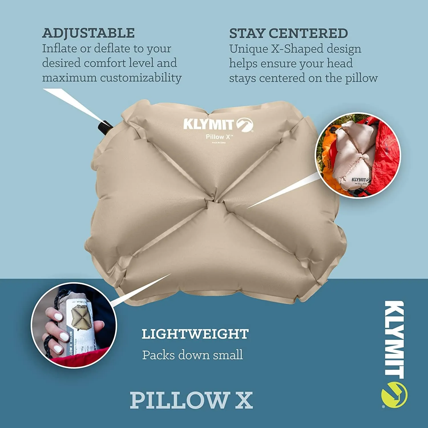Klymit Pillow X Travel Pillow, Lightweight Inflatable Hybrid Airplane, Backpacking, Hammock, and Camping Pillow