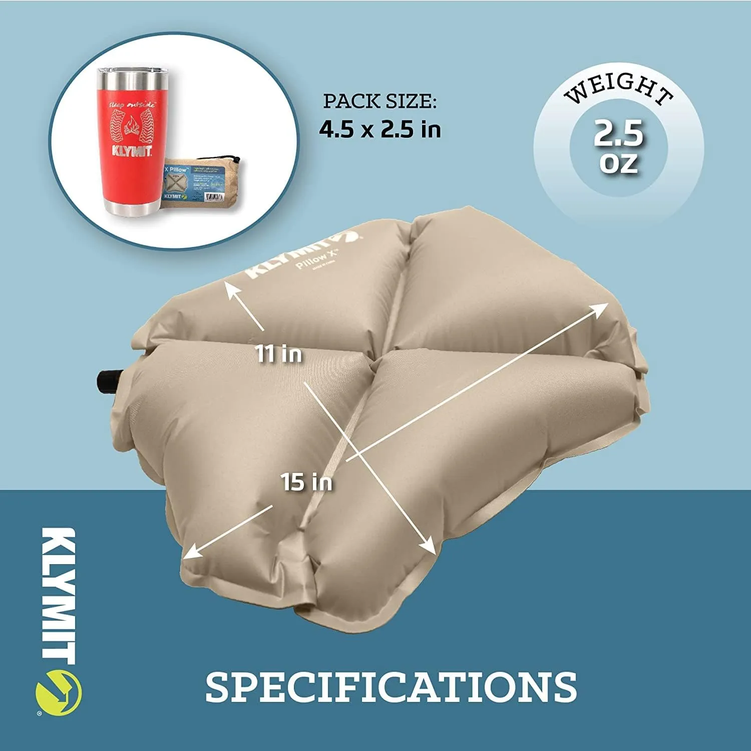 Klymit Pillow X Travel Pillow, Lightweight Inflatable Hybrid Airplane, Backpacking, Hammock, and Camping Pillow