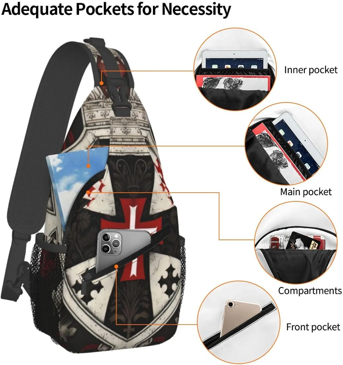 Knights Templar Cross Crossbody Chest Bag for Women Men, Daypack Sling Backpack for Travel Sport Running Hiking