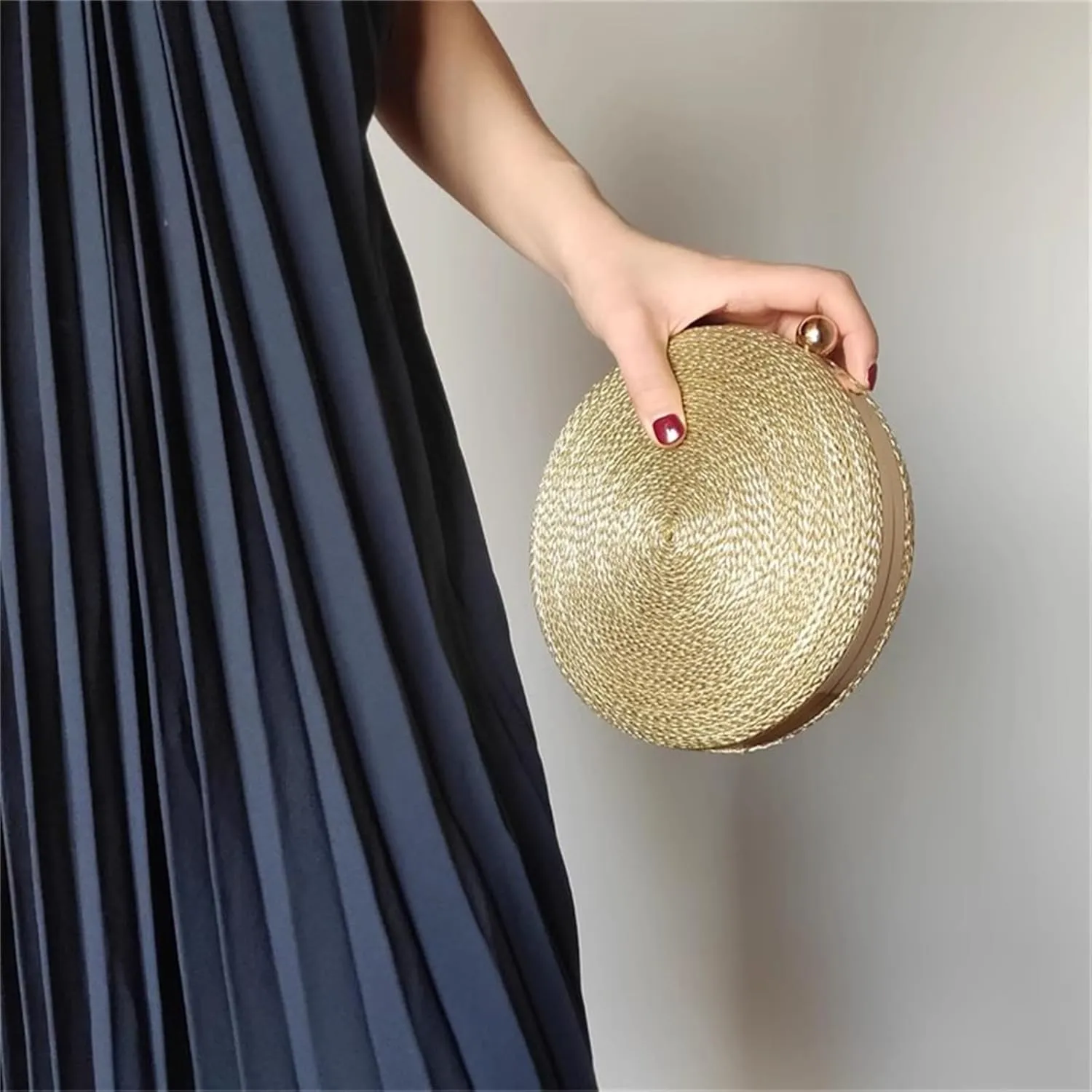 KNITTED BAGS-Women's Rope Woven Round Clutch Evening Party Golden Bag Luxury Gold Purse