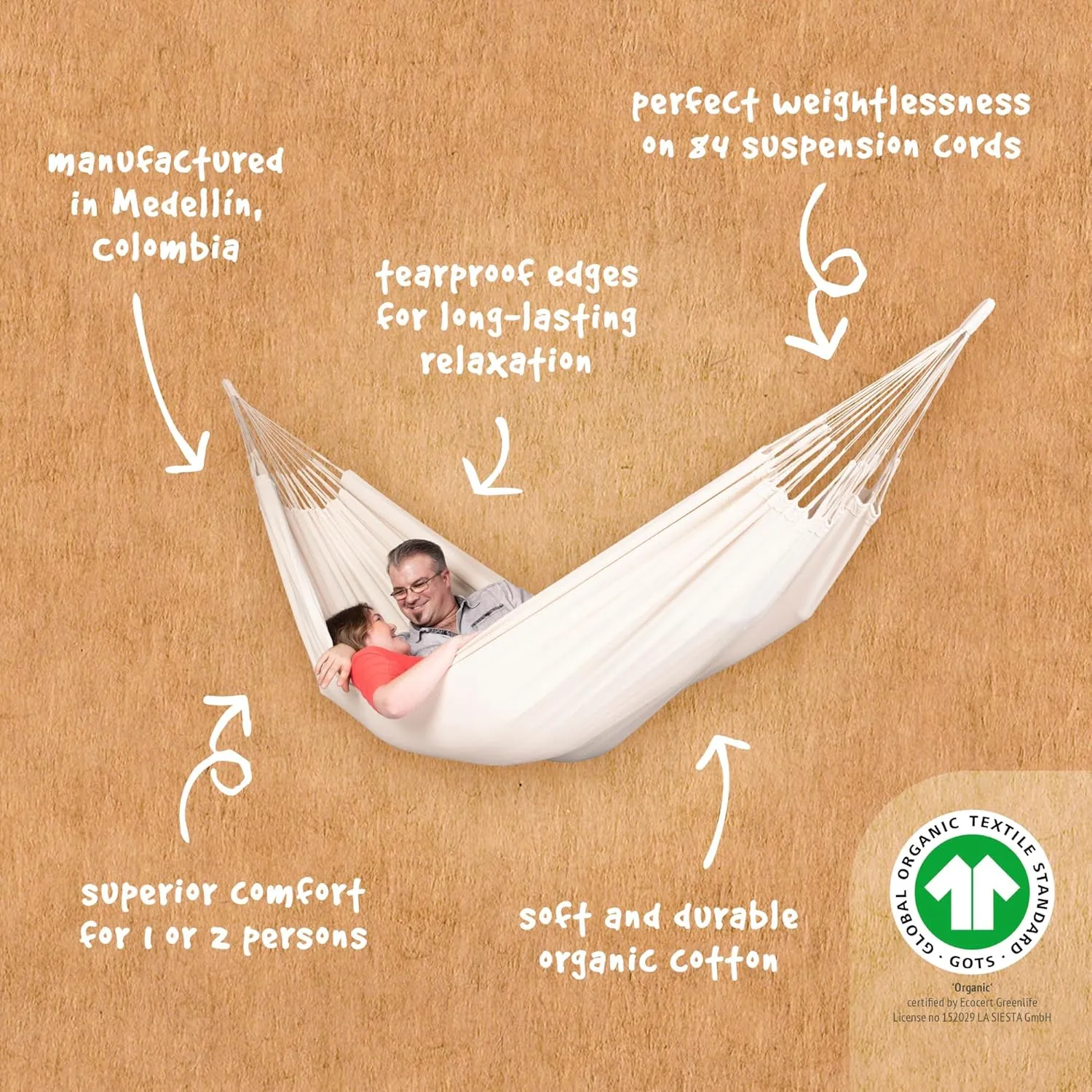 LA SIESTA® Modesta Organic Cotton Hammock - Indoor Outdoor, Bedroom Backyard Porch Patio Tree - Large Fabric Bed, 2 Person - Max 355 Lbs, Double Hammock, Latte