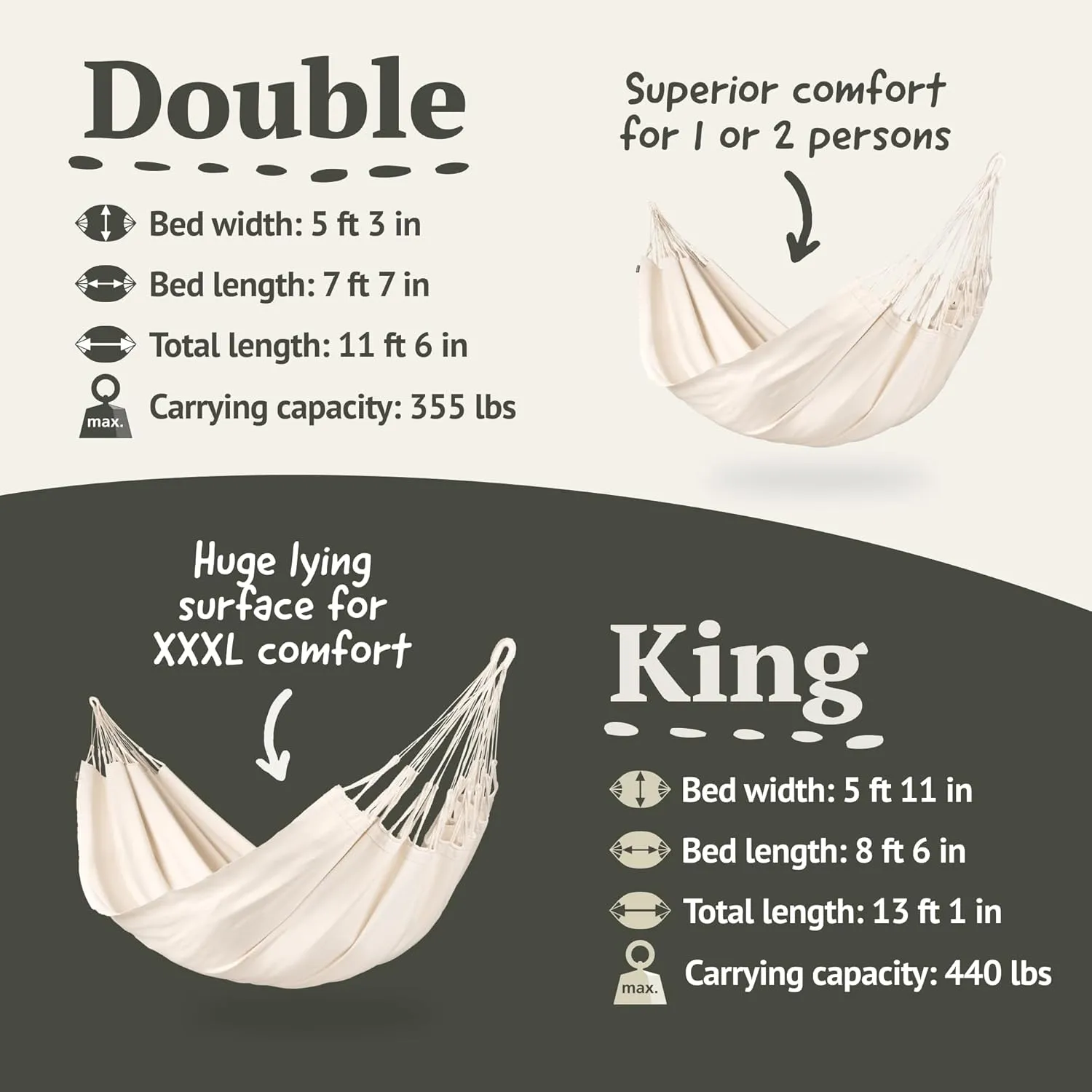 LA SIESTA® Modesta Organic Cotton Hammock - Indoor Outdoor, Bedroom Backyard Porch Patio Tree - Large Fabric Bed, 2 Person - Max 355 Lbs, Double Hammock, Latte