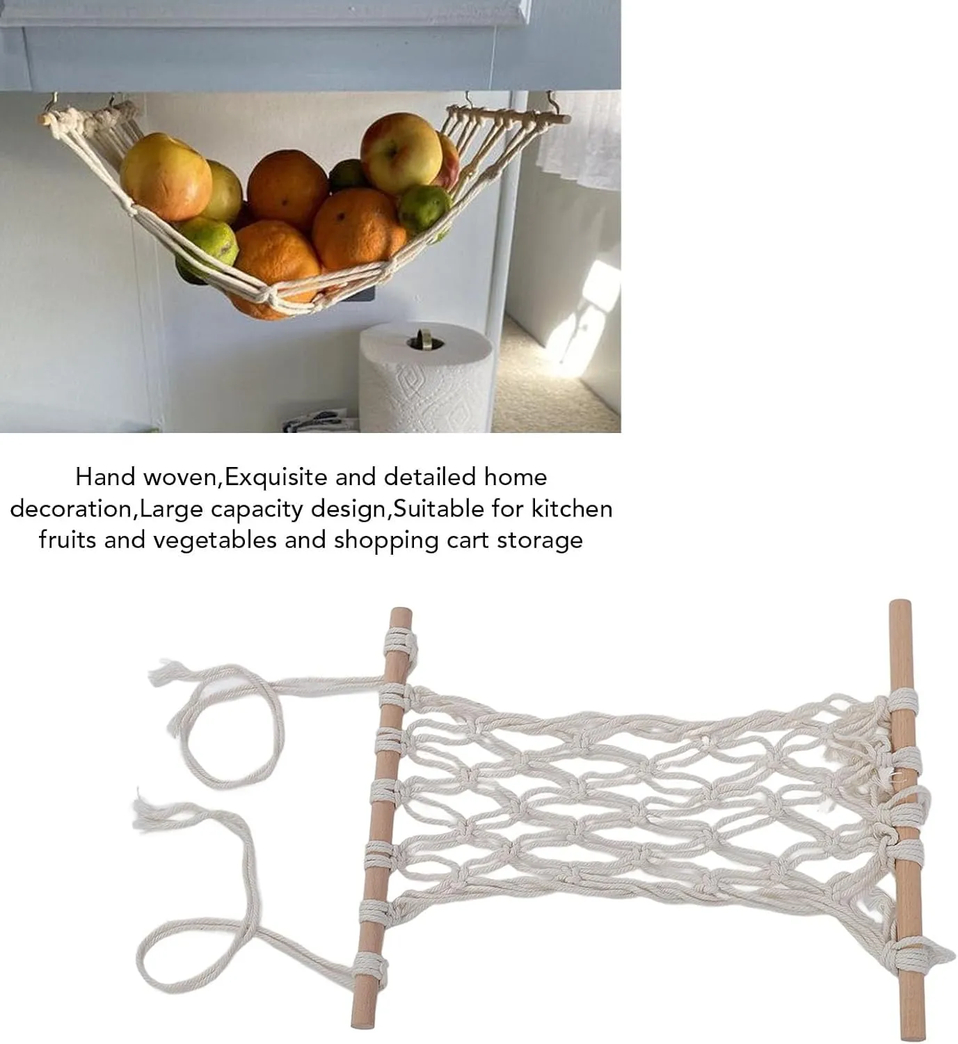 Large Capacity Fruit Hammock, Handwoven Storage Net Bag for Fruits and Vegetables in the Kitchen, Modern Minimalist Style Storage with Cotton Rope, Lightweight and Practical (40cm)