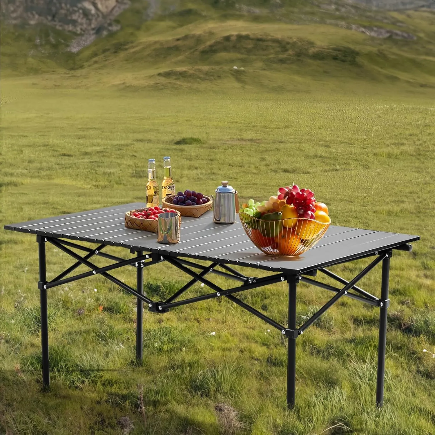 Large Folding Camping Table Portable Grill Table Ultralight Collapsible Table Outdoor Camp Tables with Steel Frame,Roll Up Tabletop, for Picnic, BBQ, Party, Backyard, Beach,Gathering, 47x20 in, Black