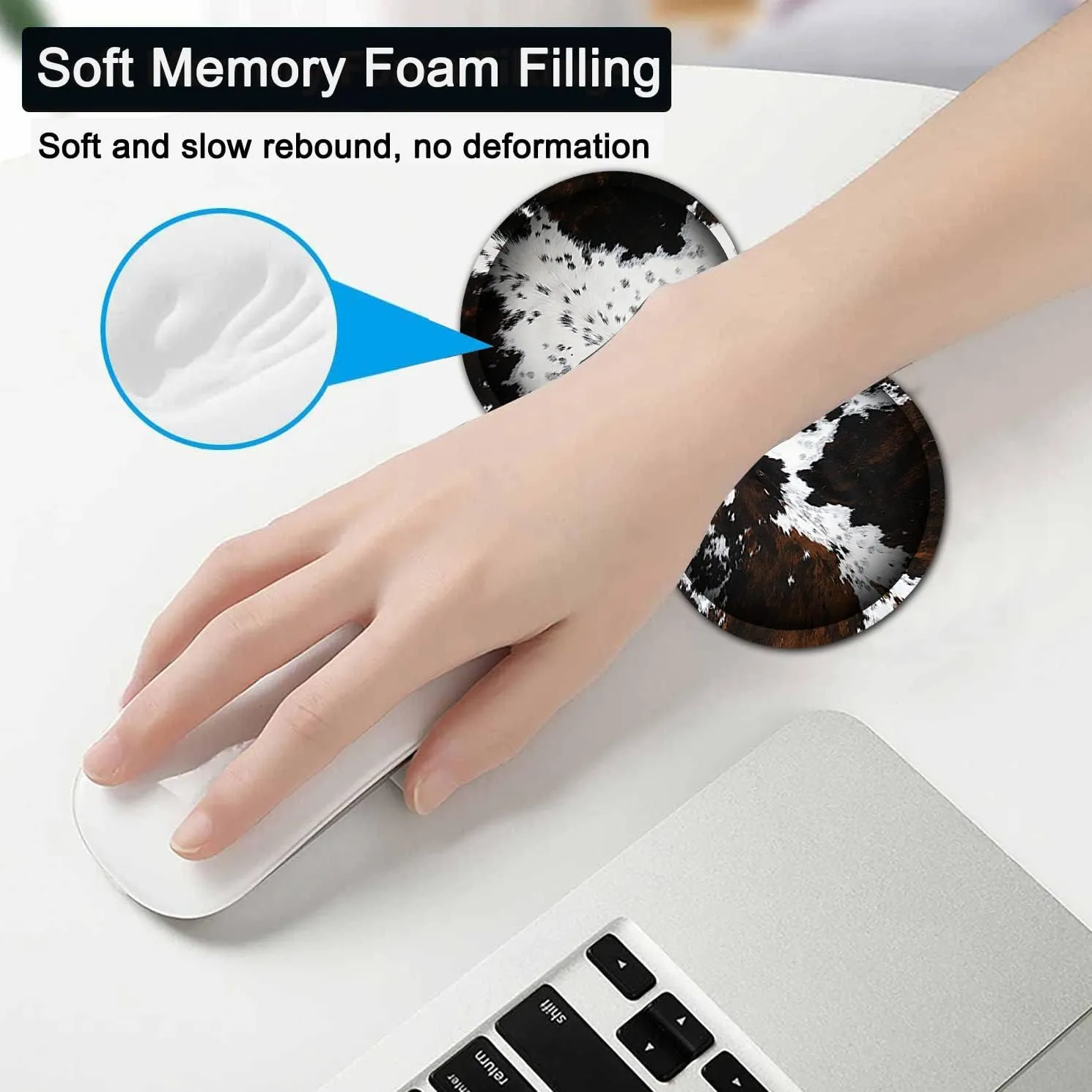 Large Gaming Mouse Pad, 31.5x11.8 in Extended Computer Mouse Mat with Non-Slip PU Base, Ergonomic Memory Foam Keyboard Wrist Rest, for Work & Gaming, Black and White Cow Fur Office Desk Pad