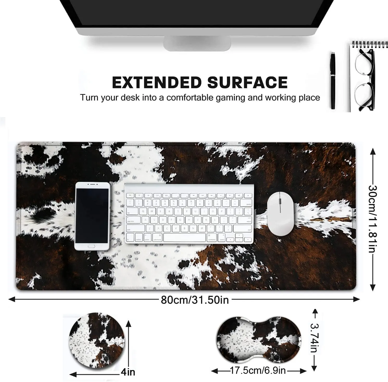Large Gaming Mouse Pad, 31.5x11.8 in Extended Computer Mouse Mat with Non-Slip PU Base, Ergonomic Memory Foam Keyboard Wrist Rest, for Work & Gaming, Black and White Cow Fur Office Desk Pad