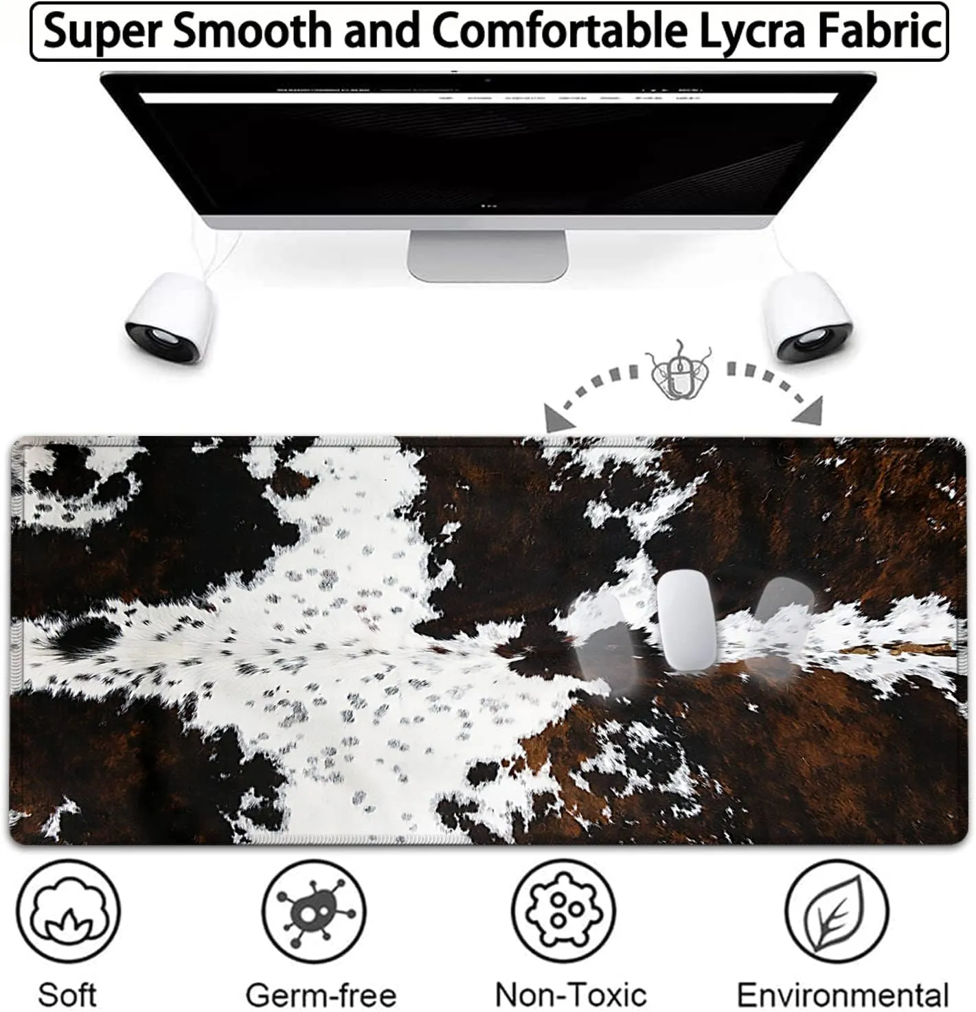 Large Gaming Mouse Pad, 31.5x11.8 in Extended Computer Mouse Mat with Non-Slip PU Base, Ergonomic Memory Foam Keyboard Wrist Rest, for Work & Gaming, Black and White Cow Fur Office Desk Pad