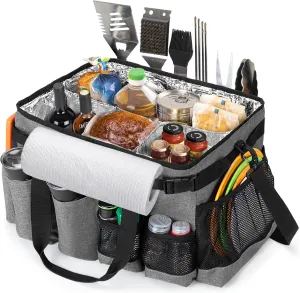 Large Grill Utensil Caddy with Paper Towel Holder, Outdoor Picnic Bag Organizer for BBQ Supplies Tool, Tailgating Accessory Basket Camping Gear Must Haves for Cook Essentials, Gray, Bag Only