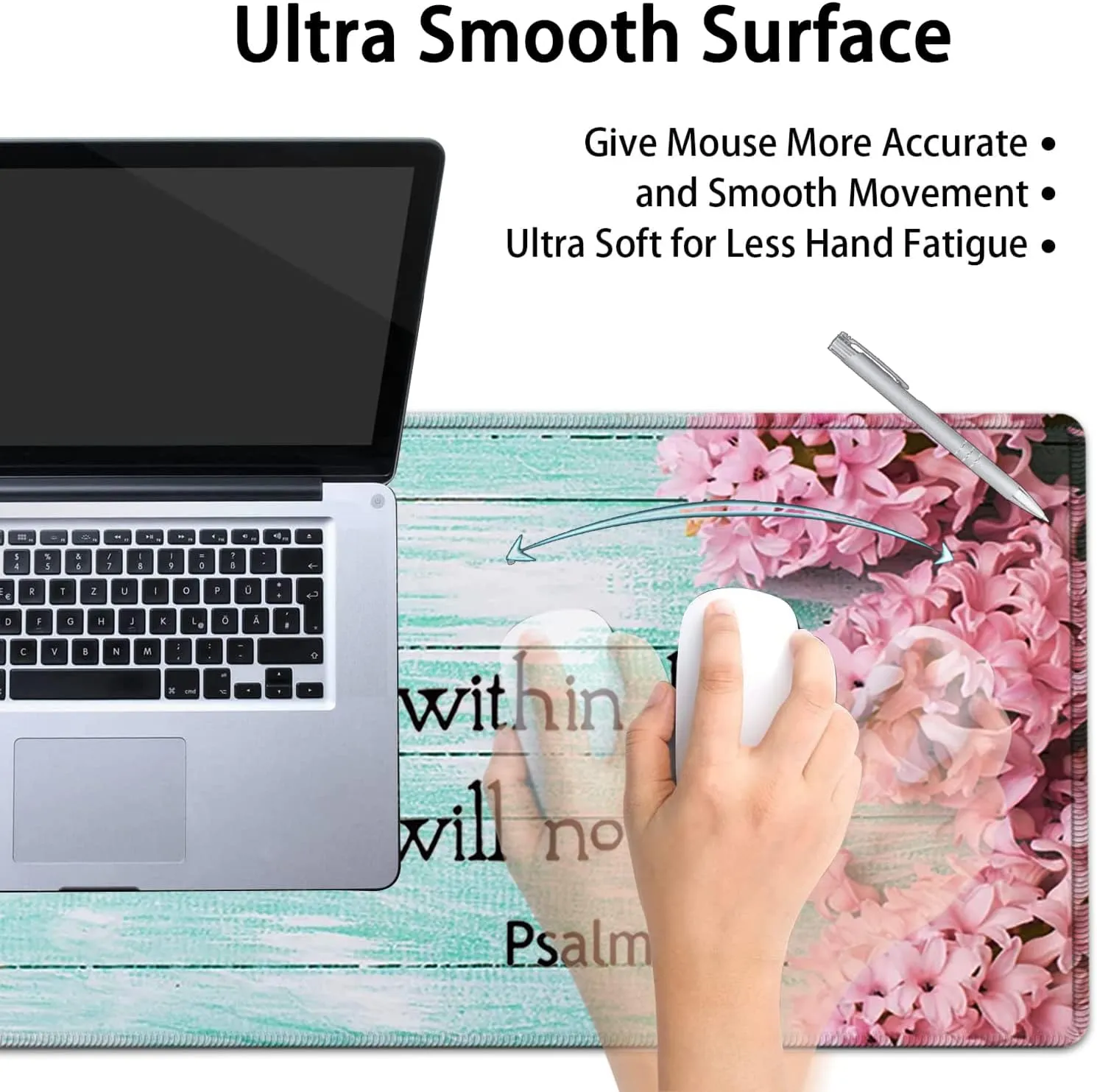 Large Mouse Pad, Extended Office Desk Pad, 31.5x11.8in, Ergonomic Memory Foam Mouse Wrist Rest Support for Home Office Computer Writing Pad Cute Psalm 46：5 Pink Hyacinth Pattern XXL Gaming Mouse Mat
