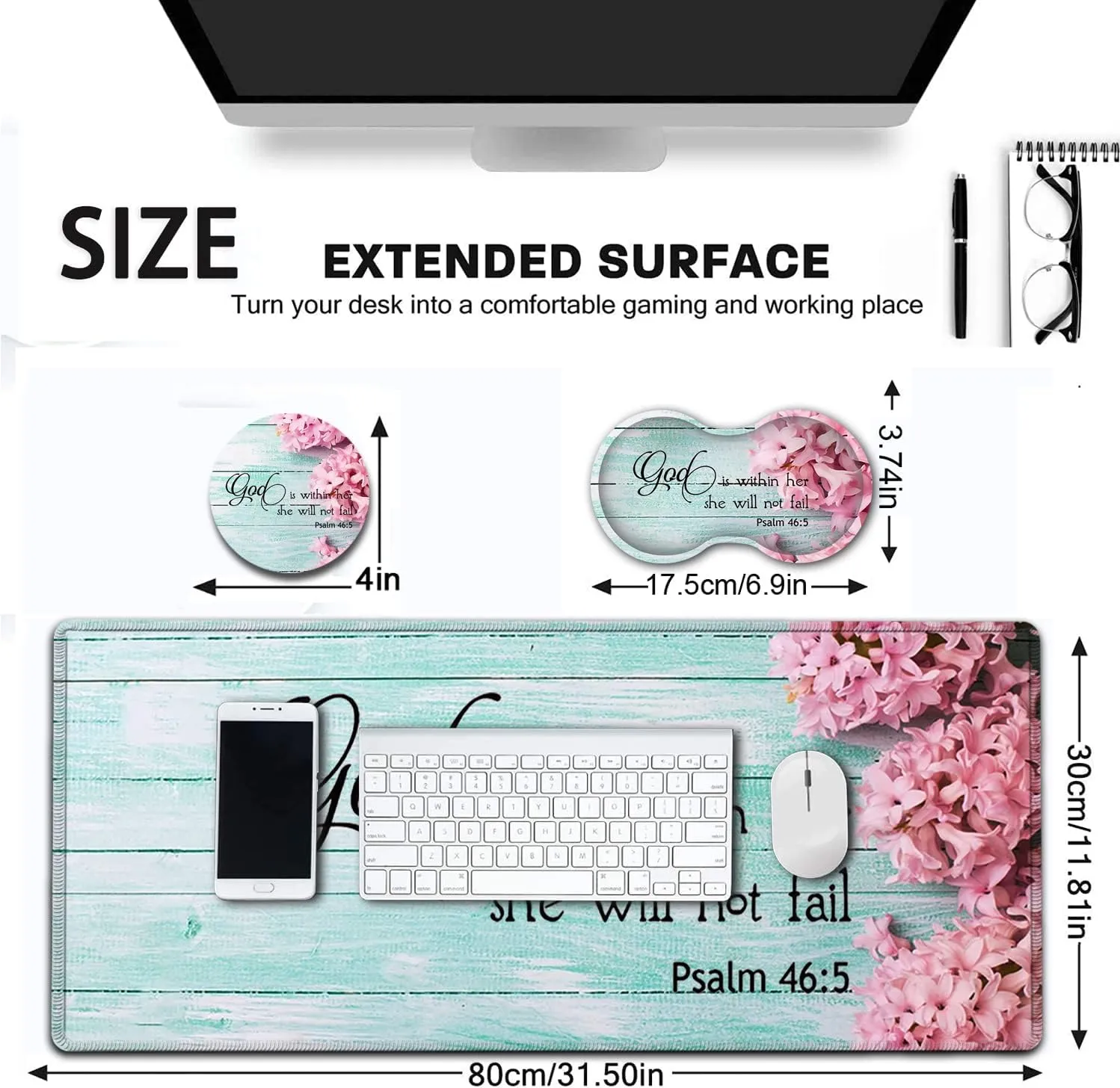 Large Mouse Pad, Extended Office Desk Pad, 31.5x11.8in, Ergonomic Memory Foam Mouse Wrist Rest Support for Home Office Computer Writing Pad Cute Psalm 46：5 Pink Hyacinth Pattern XXL Gaming Mouse Mat