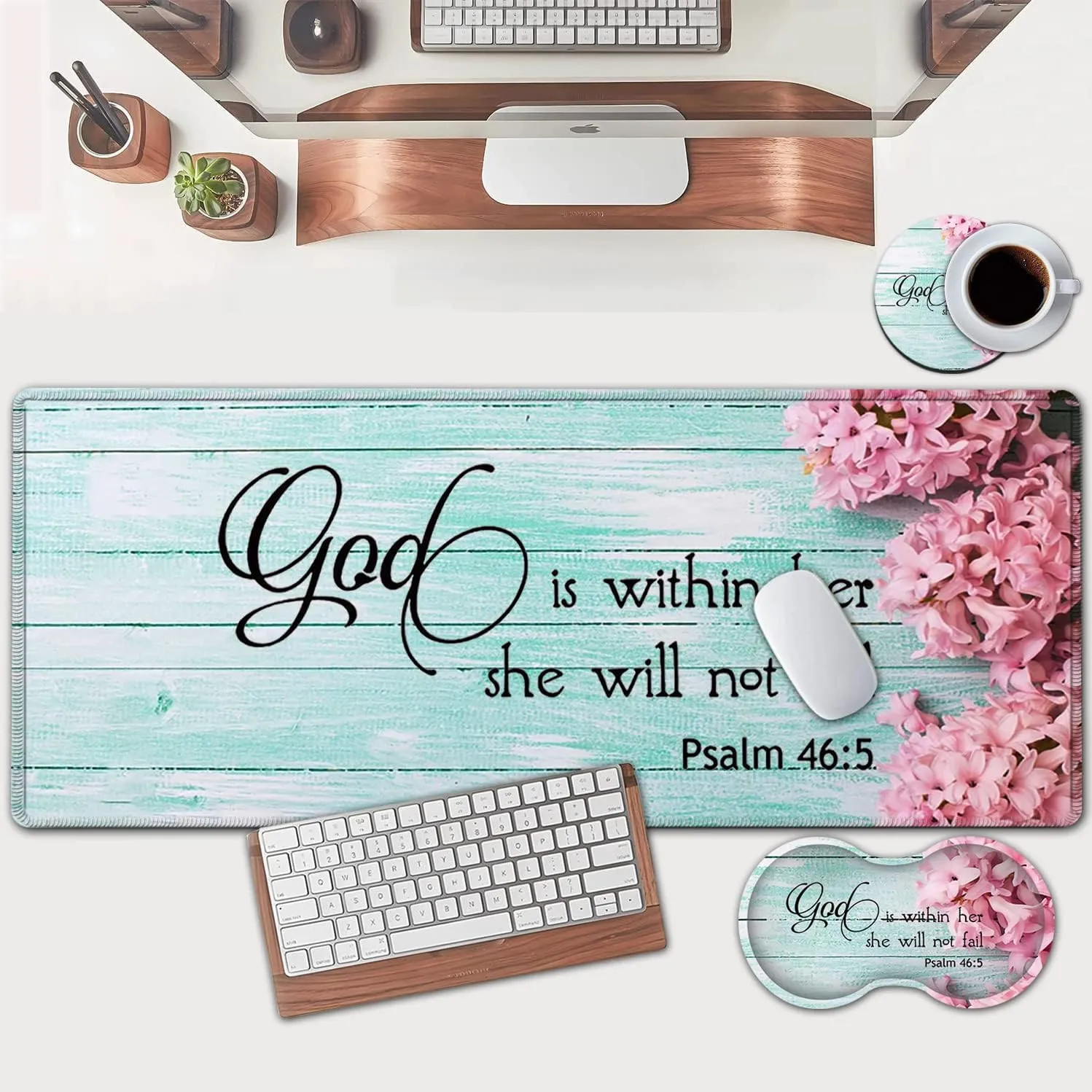 Large Mouse Pad, Extended Office Desk Pad, 31.5x11.8in, Ergonomic Memory Foam Mouse Wrist Rest Support for Home Office Computer Writing Pad Cute Psalm 46：5 Pink Hyacinth Pattern XXL Gaming Mouse Mat