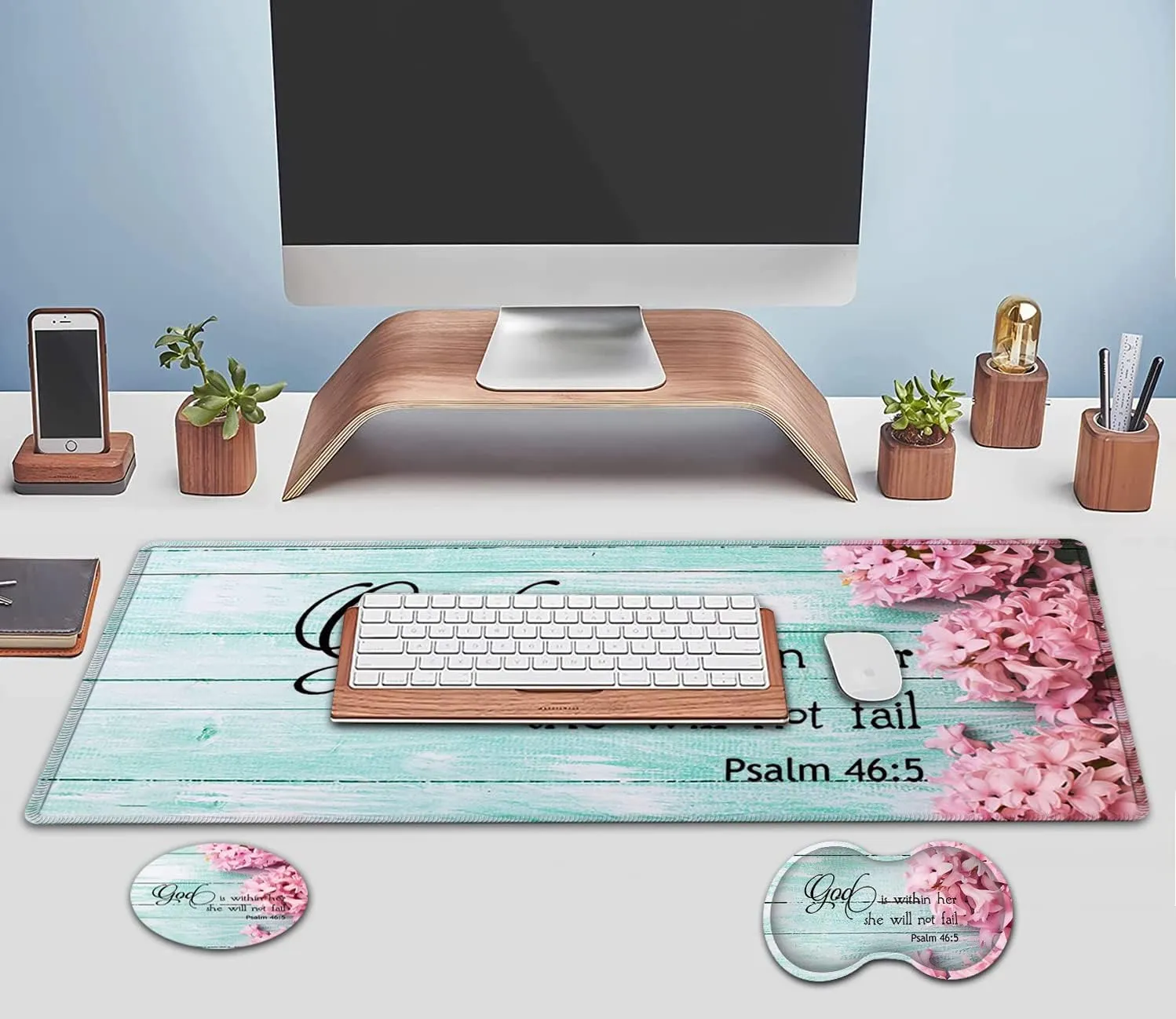 Large Mouse Pad, Extended Office Desk Pad, 31.5x11.8in, Ergonomic Memory Foam Mouse Wrist Rest Support for Home Office Computer Writing Pad Cute Psalm 46：5 Pink Hyacinth Pattern XXL Gaming Mouse Mat
