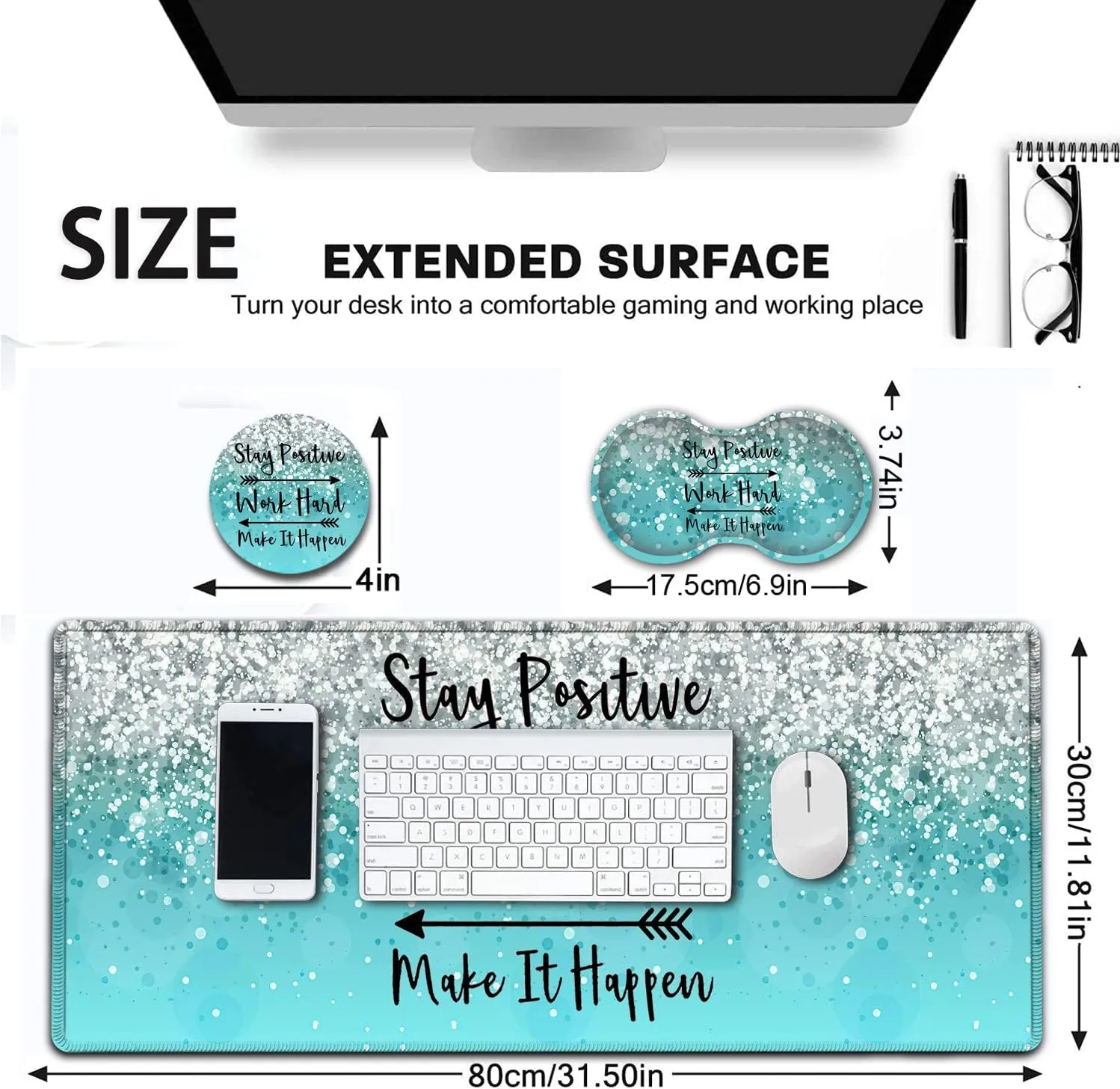 Large Mouse Pad, Extended Office Desk Pad 31.5x11.8in, Ergonomic Memory Foam Mouse Wrist Rest Support for Home Office Computer Writing Pad, Work Hard Inspirational Blue Gradient Gilt Gaming Mouse Mat