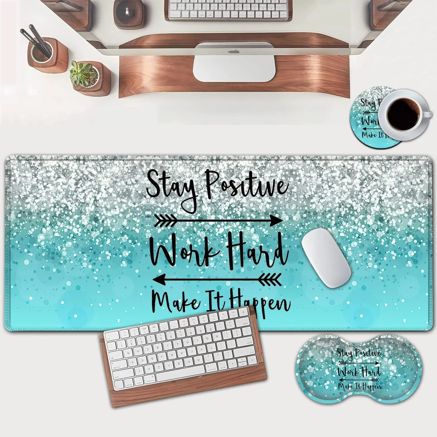 Large Mouse Pad, Extended Office Desk Pad 31.5x11.8in, Ergonomic Memory Foam Mouse Wrist Rest Support for Home Office Computer Writing Pad, Work Hard Inspirational Blue Gradient Gilt Gaming Mouse Mat
