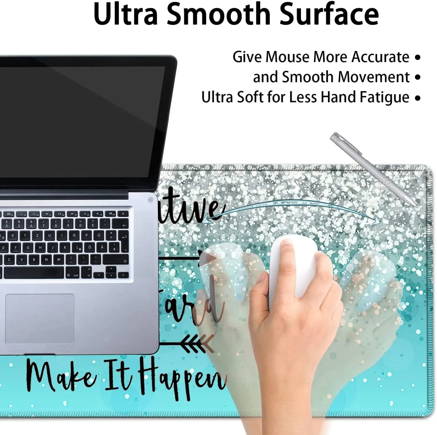 Large Mouse Pad, Extended Office Desk Pad 31.5x11.8in, Ergonomic Memory Foam Mouse Wrist Rest Support for Home Office Computer Writing Pad, Work Hard Inspirational Blue Gradient Gilt Gaming Mouse Mat