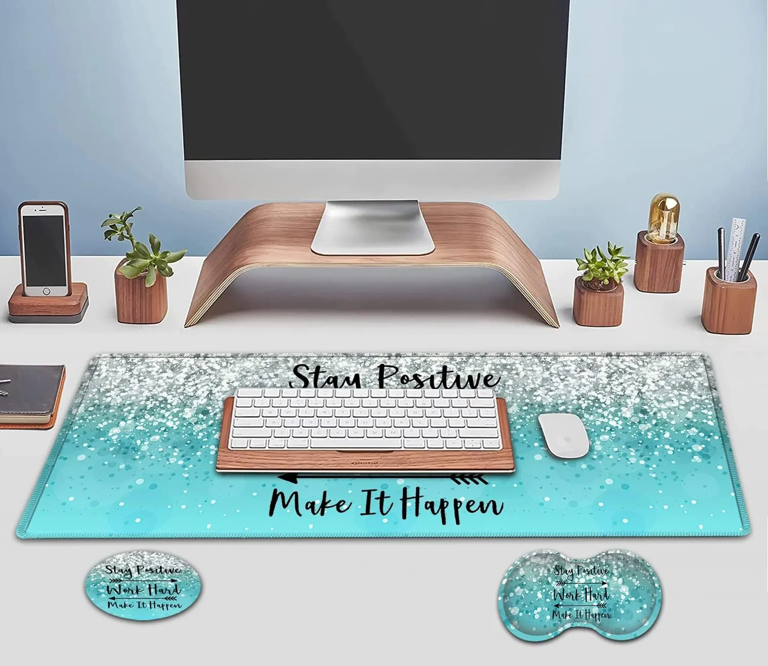 Large Mouse Pad, Extended Office Desk Pad 31.5x11.8in, Ergonomic Memory Foam Mouse Wrist Rest Support for Home Office Computer Writing Pad, Work Hard Inspirational Blue Gradient Gilt Gaming Mouse Mat