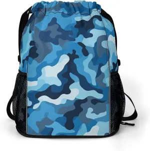 Large Sports Drawstring Backpack Blue Camouflage Pattern Printed with Dry-Wet Separation | Digital Print Gym Sack | Waterproof Fabric | Shoe Compartment & PVC Pocket | Hydration Mesh for Fitness, Trav