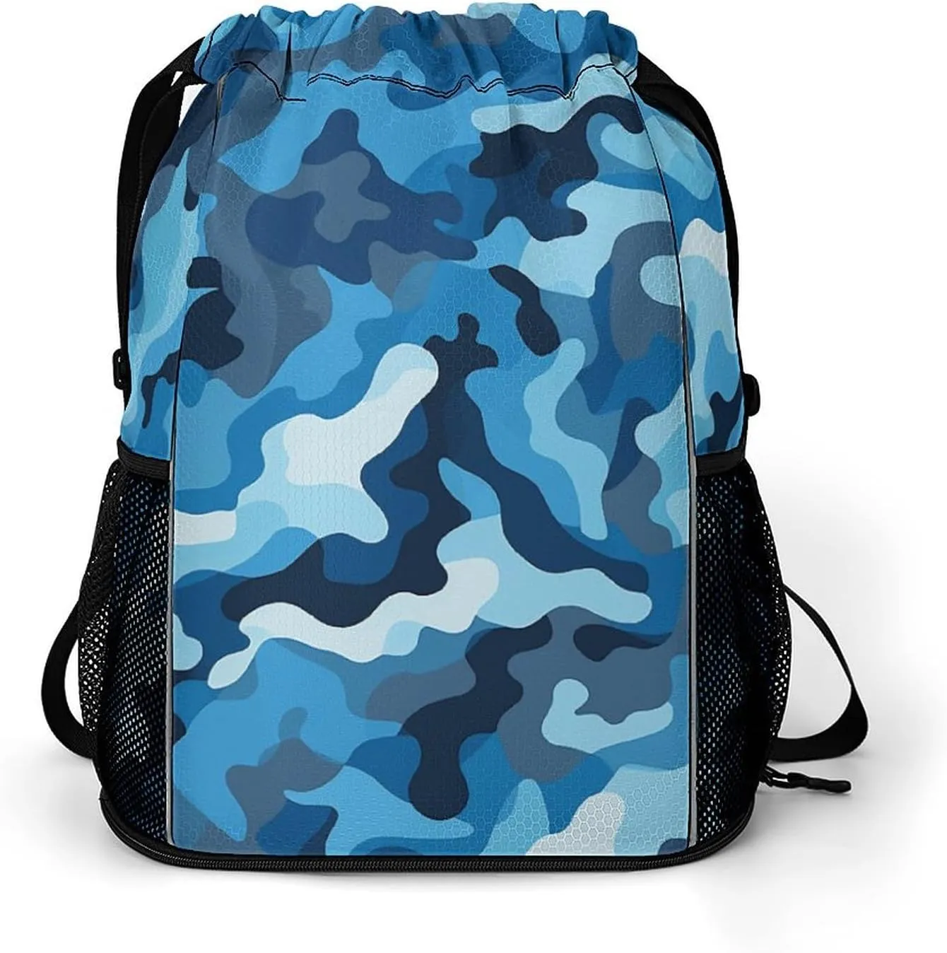 Large Sports Drawstring Backpack Blue Camouflage Pattern Printed with Dry-Wet Separation | Digital Print Gym Sack | Waterproof Fabric | Shoe Compartment & PVC Pocket | Hydration Mesh for Fitness, Trav