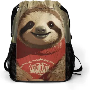 Large Sports Drawstring Backpack Cartoon Sloth Printed with Dry-Wet Separation | Digital Print Gym Sack | Waterproof Fabric | Shoe Compartment & PVC Pocket | Hydration Mesh for Fitness, Travel, Work