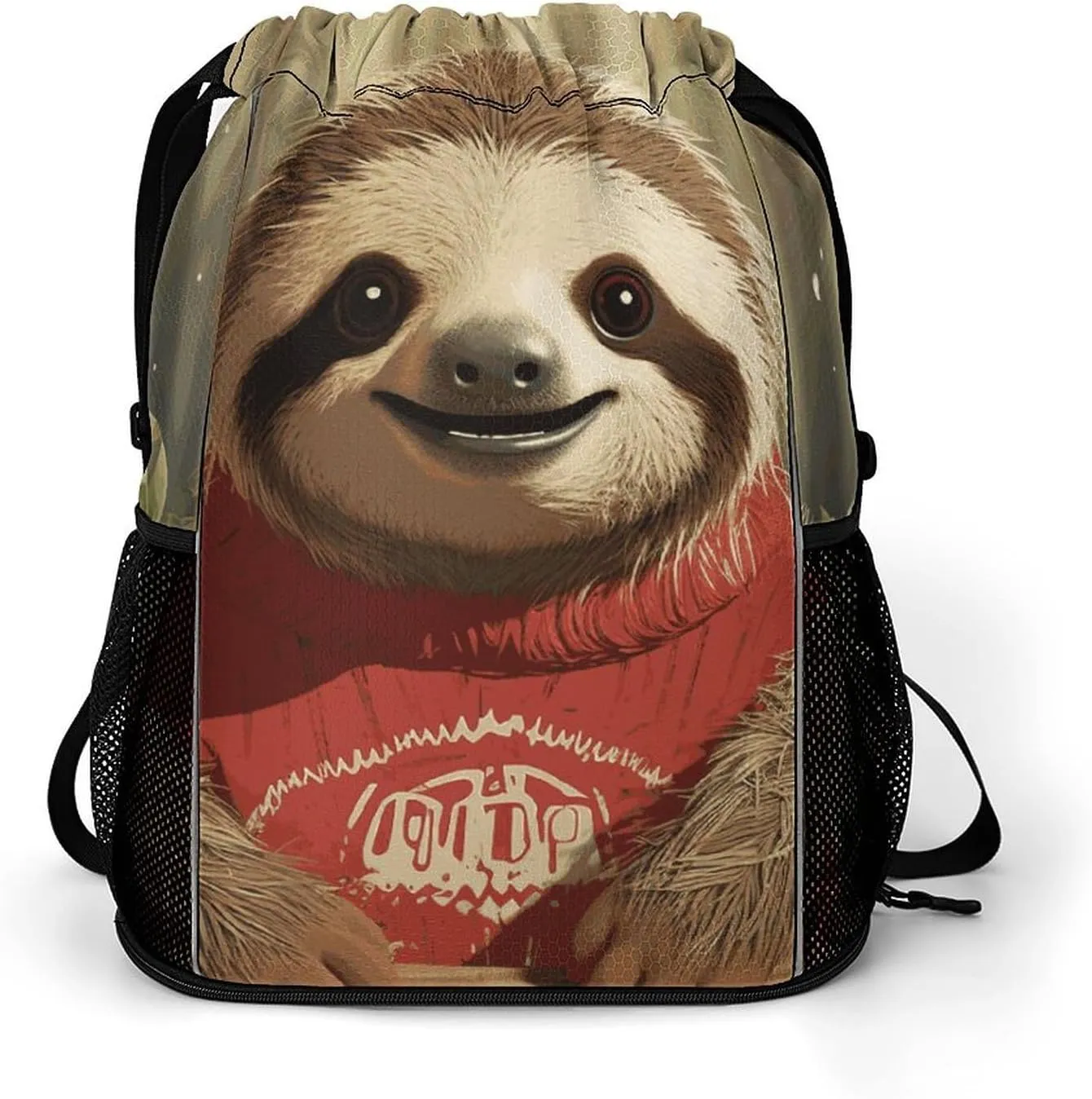 Large Sports Drawstring Backpack Cartoon Sloth Printed with Dry-Wet Separation | Digital Print Gym Sack | Waterproof Fabric | Shoe Compartment & PVC Pocket | Hydration Mesh for Fitness, Travel, Work