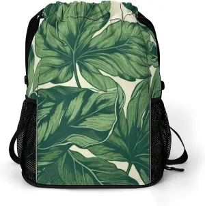Large Sports Drawstring Backpack Green Foliage Botanical Printed with Dry-Wet Separation | Digital Print Gym Sack | Waterproof Fabric | Shoe Compartment & PVC Pocket | Hydration Mesh for Fitness, Trav