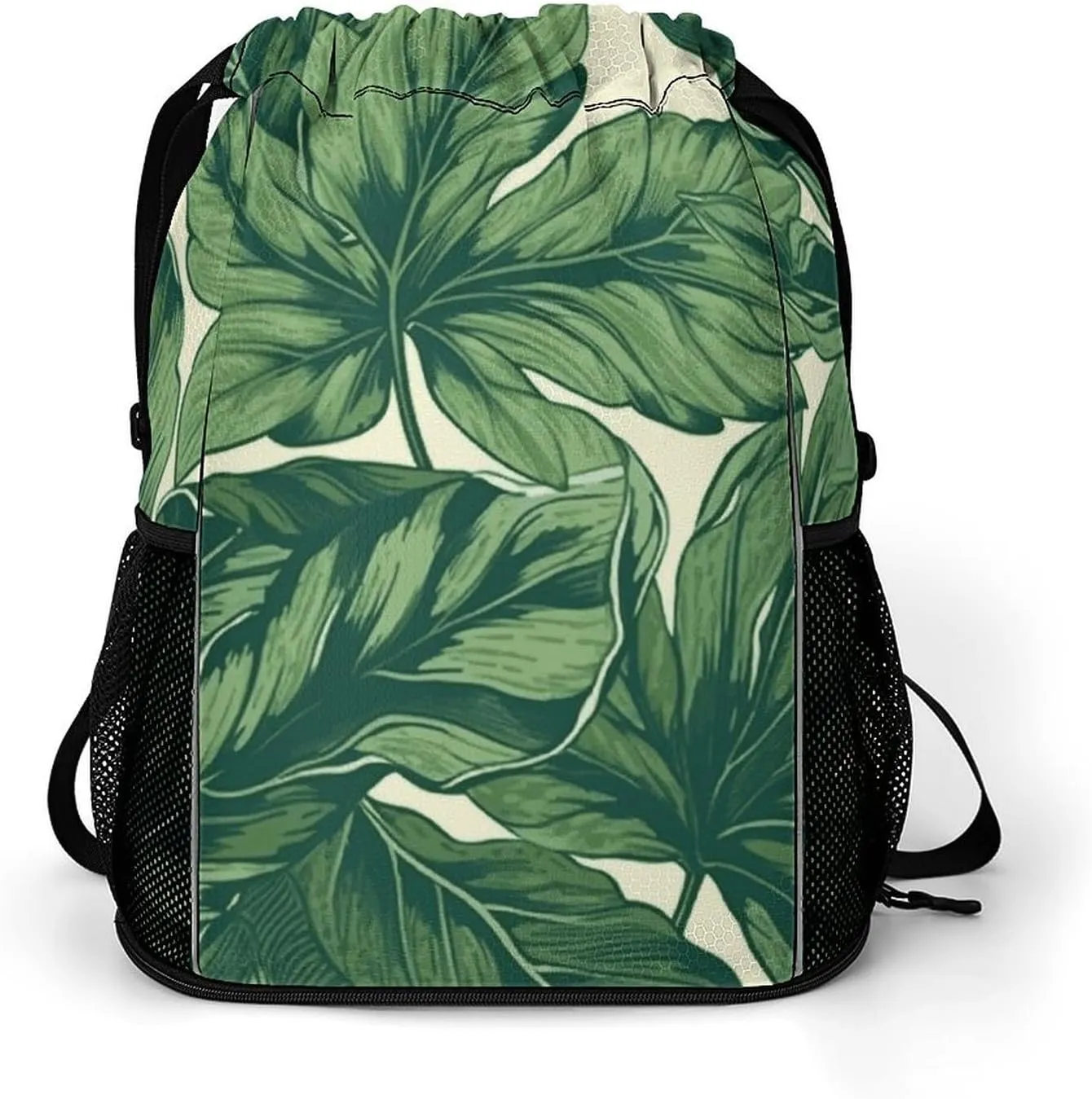 Large Sports Drawstring Backpack Green Foliage Botanical Printed with Dry-Wet Separation | Digital Print Gym Sack | Waterproof Fabric | Shoe Compartment & PVC Pocket | Hydration Mesh for Fitness, Trav