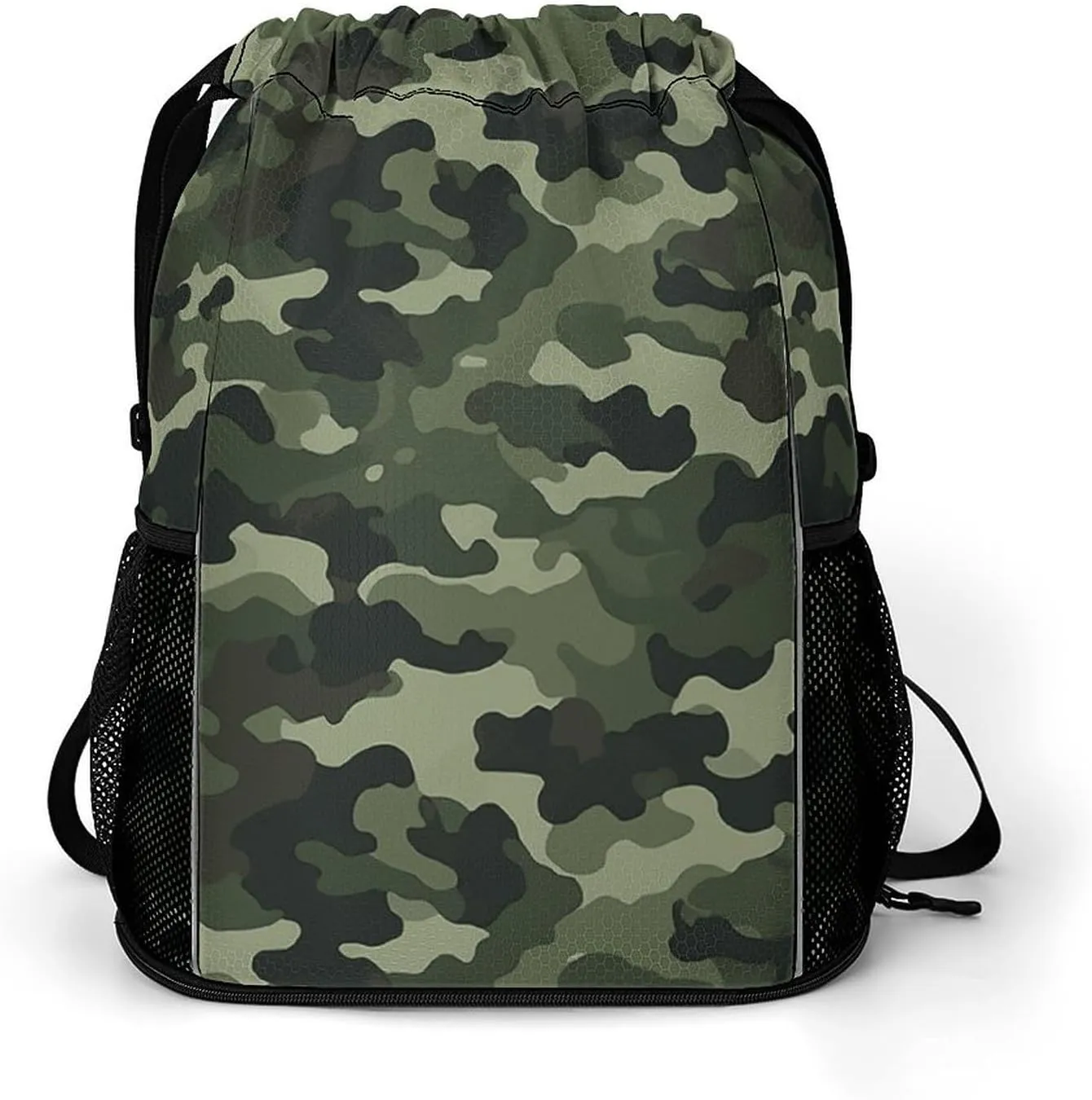 Large Sports Drawstring Backpack Green Military Printed with Dry-Wet Separation | Digital Print Gym Sack | Waterproof Fabric | Shoe Compartment & PVC Pocket | Hydration Mesh for Fitness, Travel, Work