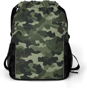 Large Sports Drawstring Backpack Green Military Printed with Dry-Wet Separation | Digital Print Gym Sack | Waterproof Fabric | Shoe Compartment & PVC Pocket | Hydration Mesh for Fitness, Travel, Work
