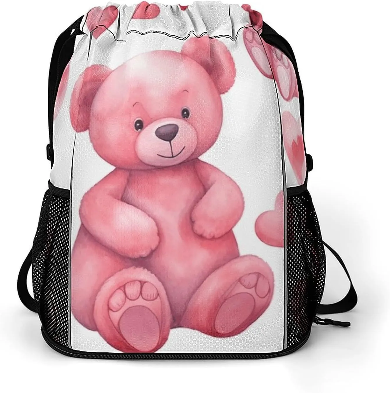 Large Sports Drawstring Backpack Peach Style Bear Printed with Dry-Wet Separation | Digital Print Gym Sack | Waterproof Fabric | Shoe Compartment & PVC Pocket | Hydration Mesh for Fitness, Travel, Wor