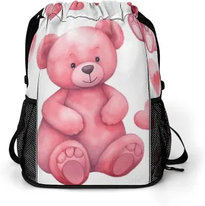 Large Sports Drawstring Backpack Peach Style Bear Printed with Dry-Wet Separation | Digital Print Gym Sack | Waterproof Fabric | Shoe Compartment & PVC Pocket | Hydration Mesh for Fitness, Travel, Wor