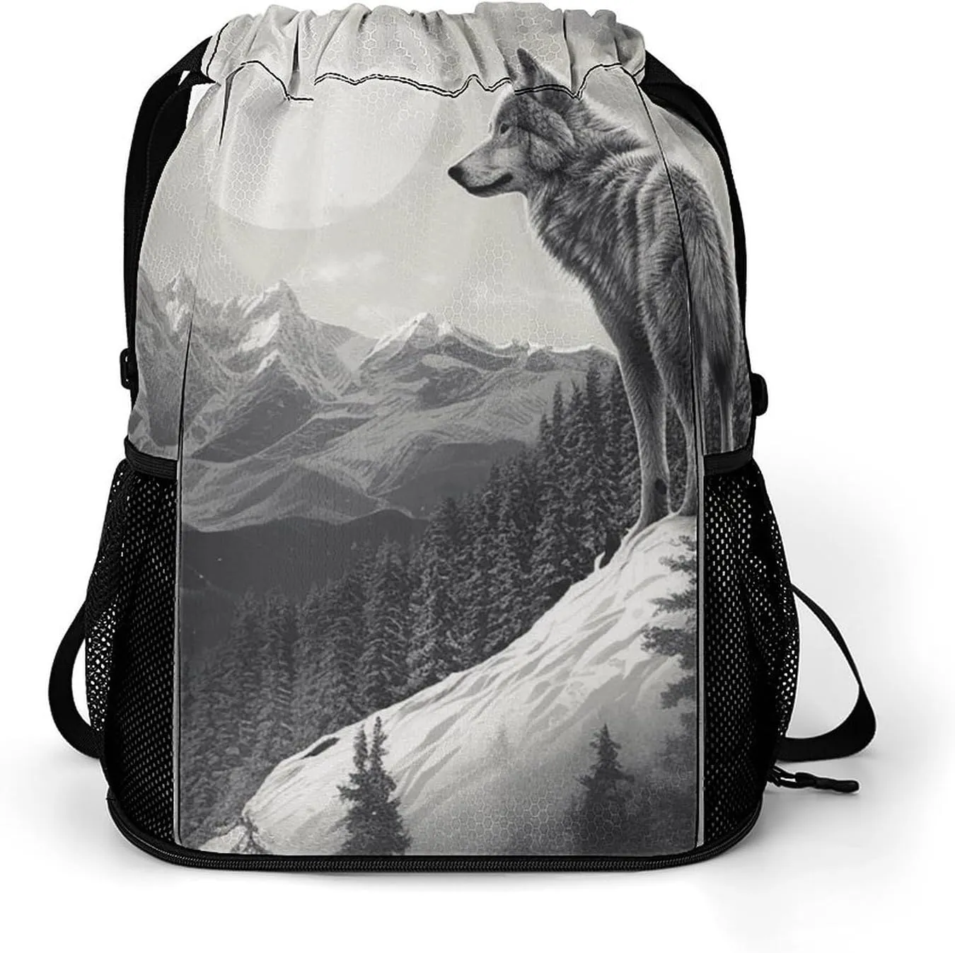 Large Sports Drawstring Backpack Snow Mountain Lone Wolf Printed with Dry-Wet Separation | Digital Print Gym Sack | Waterproof Fabric | Shoe Compartment & PVC Pocket | Hydration Mesh for Fitness, Trav