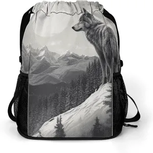 Large Sports Drawstring Backpack Snow Mountain Lone Wolf Printed with Dry-Wet Separation | Digital Print Gym Sack | Waterproof Fabric | Shoe Compartment & PVC Pocket | Hydration Mesh for Fitness, Trav