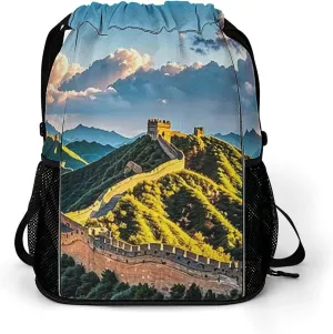 Large Sports Drawstring Backpack The Great Wall of China Printed with Dry-Wet Separation | Digital Print Gym Sack | Waterproof Fabric | Shoe Compartment & PVC Pocket | Hydration Mesh for Fitness, Trav