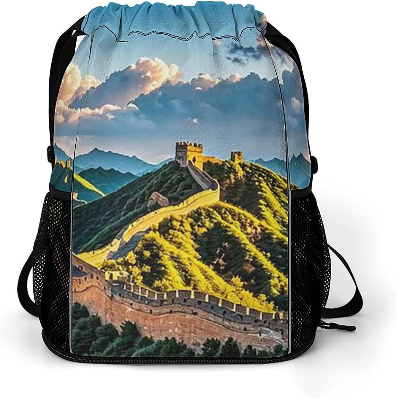 Large Sports Drawstring Backpack The Great Wall of China Printed with Dry-Wet Separation | Digital Print Gym Sack | Waterproof Fabric | Shoe Compartment & PVC Pocket | Hydration Mesh for Fitness, Trav