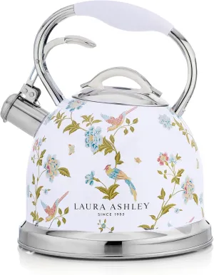 Laura Ashley Elveden White Stovetop Kettle with Whistle - 2.5L Fast Boil Stainless Steel Kettle Stove Top - Silicon Coated Cool Handle Camping Kettle for Gas, Induction Hob - Compatible with Aga Stove